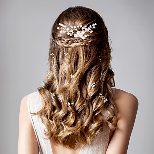 2 Pieces Wedding Hair Comb Pearl Hair Side Combs Flower Crystal Bridal Headpieces For Wedding Hair Accessories For Brides Women Girls Rhinestone Wedding Hair Clip, Silver #TOP6