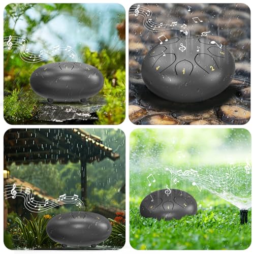 Image of Rain Drum for Outside Garden, 6 Inches 8 Notes Steel Tongue Chakra Drums, Waterproof Echo Rain Chime Meditation Drums, Musical Instruments for Adult Gift with Bag, Music Book, Drum Mallets (Black)