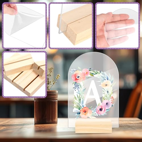Image of Bercoor 5 Pack 4x6 Inch Blank Clear Arch Acrylic Sign with Wooden Stands, Arched Round Top Acrylic Sheet, DIY Acrylic Arch Table Numbers for DIY Name Card Gifts Event Party Sign Decoration