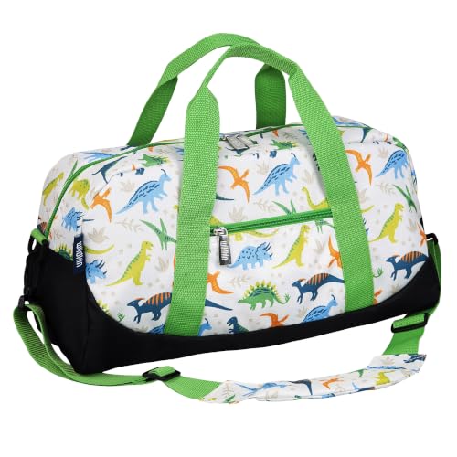 Image of Wildkin Overnighter Duffel Bag for Kids, Dinosaur Adventures | 18 x 9 x 9 in travel duffel with roomy main compartment, exterior zip pocket and removable padded shoulder strap.