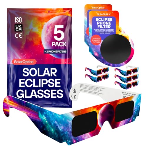 Solar Eclipse Glasses 5 Pack with 2 Phone Filters ISO 12312-2 & CE Certified Sun Viewing Glasses + Smartphone Filters Eclipse 2026 Kit