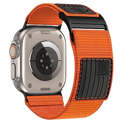 Rugged Nylon Band for Apple Watch Ultra Band 49mm 45mm 44mm 42mm,Soft Sport Loop Adjustable Wristbands Replacement Strap for Apple Watch Band iWatch Ultra Series 9/8/7/SE/6/5/4/3/2/1,Leather Flag Orange Cover