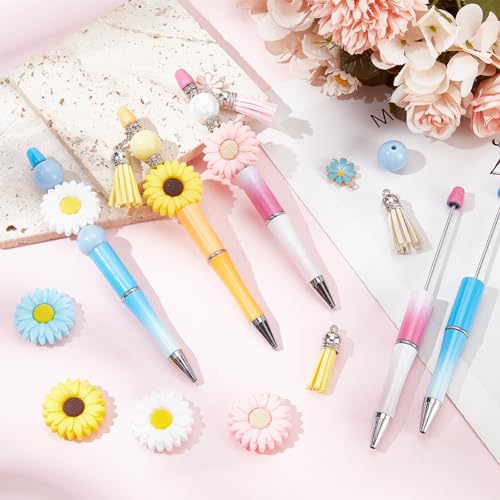 SUNNYCLUE DIY 8 Sets Flower Beaded Pens Making Kit Beadable Pens Beaded Pen Flowers Silicone Beads Pen Black Ink Ballpoint Beading Bulk for Teachers Students Nurses Gifts Office School Craft - Image 4