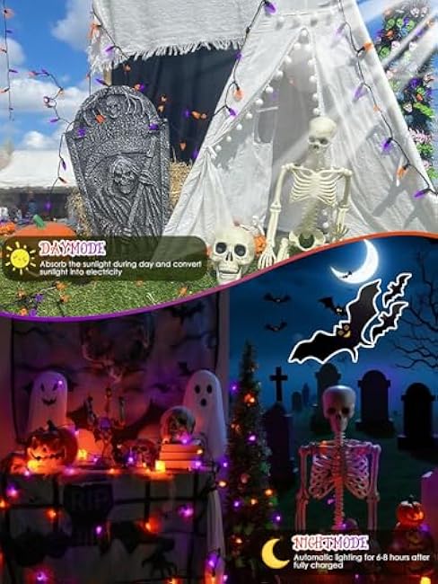 C6 Solar Halloween Lights, 50 LED 16FT Halloween Decorations Outdoor Waterproof, Solar String Lights for Outside with 8 Modes, Fairy Twinkle Light for Tree Party Garden Decor (Orange and Purple)