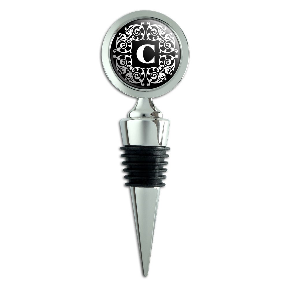 Letter C Initial Black White Scrolls Wine Bottle Stopper