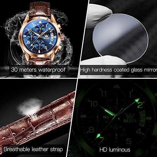 Image of OLEVS Men's Watches Leather Strap Analog Quartz Watch, Fashion Big Dial Date Waterproof Watch, Dress Luxury Luminous Men Watches, Blue Face /Brown Leather Strap, round, Quartz Watch