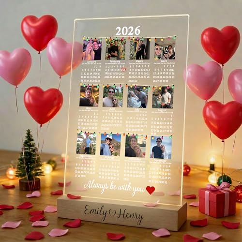 Custom Calendar 2026 with Photos – LED Light Up Photo Calendar, Personalized Acrylic Desk Calendar for Couples, Light Up Couple Anniversary Picture Frame, Valentine’s Day