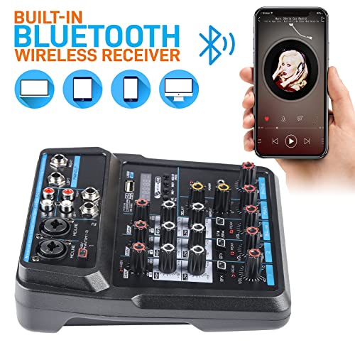 Klein Mischpult 4 Kanal Stereo Live Mischpulte, Audio Mixer Mini Musik Mixer, DJ Mischer Board Karaoke Mischpult Audio Interfac with Bluetooth MP3 48V Phantomspeisung FX Analoge Digitale Effekte