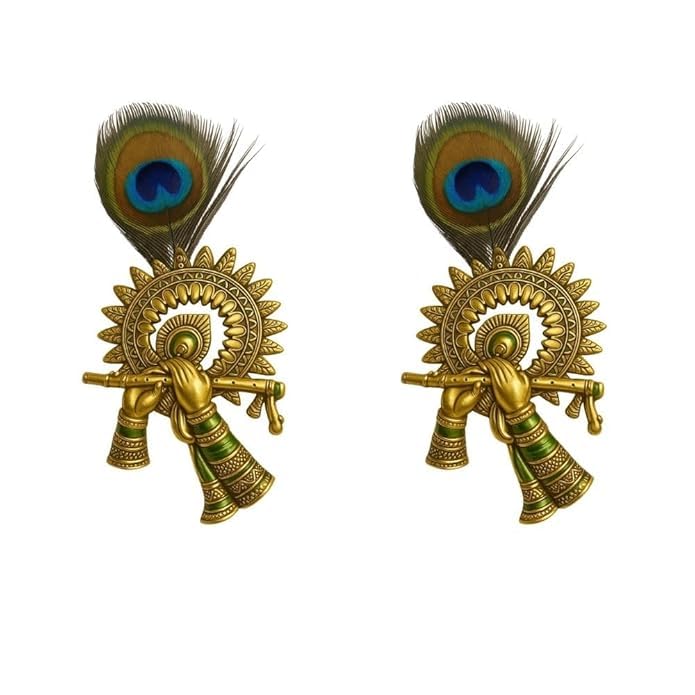 Krishna Flute Hand with Peacock Feather Wall Decor, Golden, Metal, Set of 2-image-41