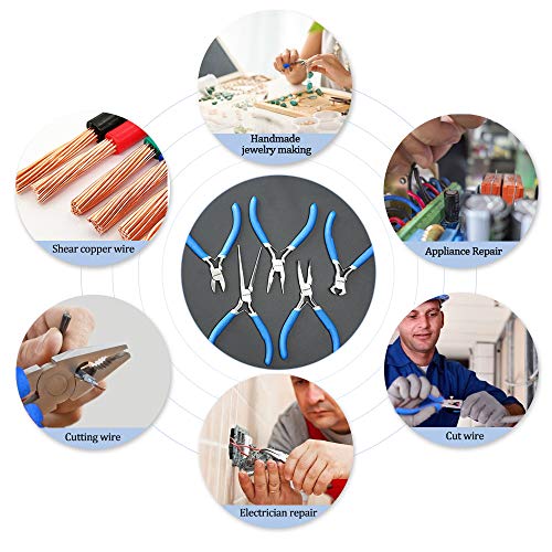 5 Piece Mini Pliers Tool Set, Kingsdun Flush Side Wire Cutter Pliers Set Include Needle/Long Nose/Diagonal/End Cutting/Linesman Pliers for Jewelry Arts Mechanical Work Small Electronics Repair