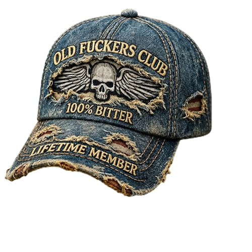 Old Fuckers Club Hat Vintage Style Baseball Caps for Retro Fashion and Motorcycle Riders Humorous Gift Set with Adjustable Straps and Classic Embroidery in Denim Blue