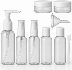 Frascos para Viagem Kit 9 Peças com Estojo Transparente Ideal para Shampoo Condicionador Sabonte Líquido Cremes Hidratante com Funil para Encher Recipientes Cosméticos (Branco)