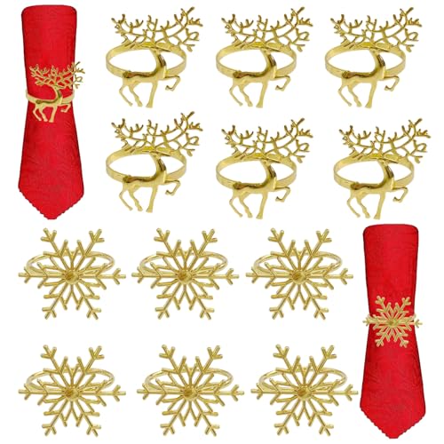 12 Stück Serviettenring Weihnachten Gold, Servietten Ringe, 6 Schnee...