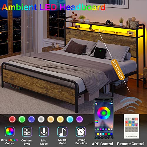Hasuit Led Queen Bed Frame With 2-Tier Storage Headboard, Industrial Platform Bed Frame With 2 Outlets And 2 Usb Ports, Strong Steel Slats Support Mattress Foundation, No Box Spring Needed #TOP3