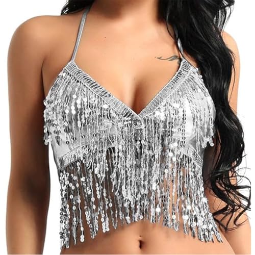 DOKRIN Tops de danza para mujer,Top de rendimiento plateado con borlas y sujetador de lentejuelas para danza del vientre