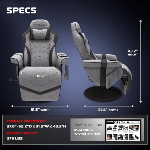 RESPAWN 900 Console Gaming Recliner with Footrest and Lumbar Support - Comfortable Ergonomic Gaming Chair with Headrest, No Wheels, Reclining, Heavy Duty, Racing Style Video Game Chairs - Gray Fabric - Image 3