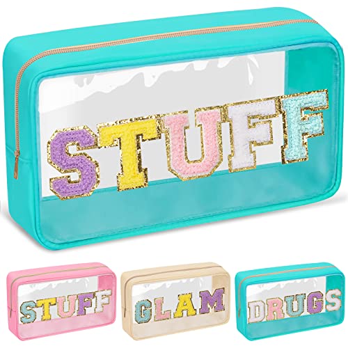 izuzta Preppy Patch Chenille Letter Clear Makeup Bags Mama Baby Pouch with Zipper Transparent PVC Waterproof Glitter Travel Toiletry Storage for Women Girls, STUFF-Green izuzta Preppy Patch Chenille Letter Clear Makeup Bags Mama Baby Pouch with Zipper Transparent PVC Waterproof Glitter Travel Toiletry Storage for Women Girls, STUFF-Green