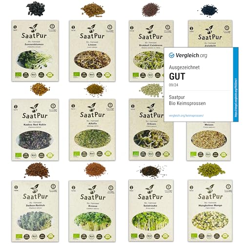 SaatPur Bio Sprossen Samen Set (12 Sorten) Weizen, Sonnenblumen, Zwiebeln, Linsen, Kresse, Alfalfa, Brokkoli, Rauke, Daikon Rettich, Mung Bohnen, Radies Red Rubin, Erbsen.