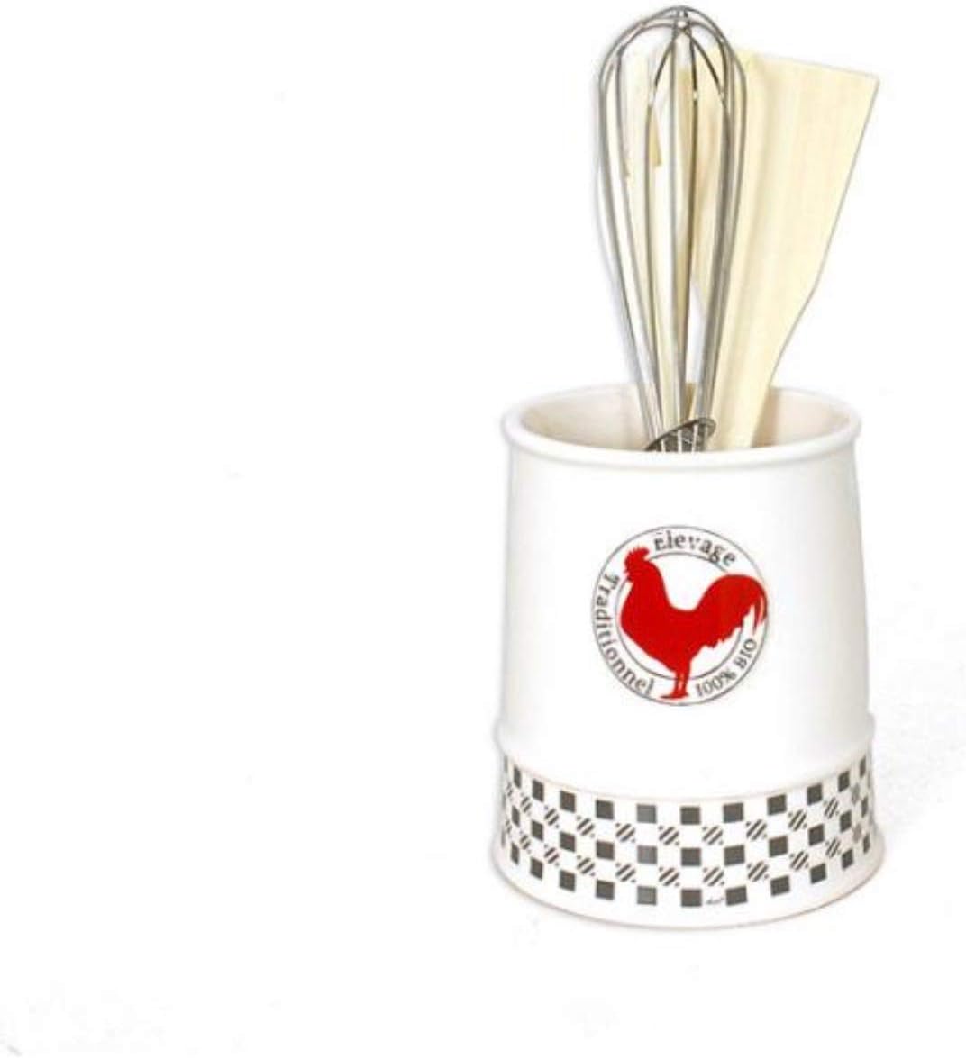 006481 White Ceramic Utensil Holder with Red Rooster and Utensils