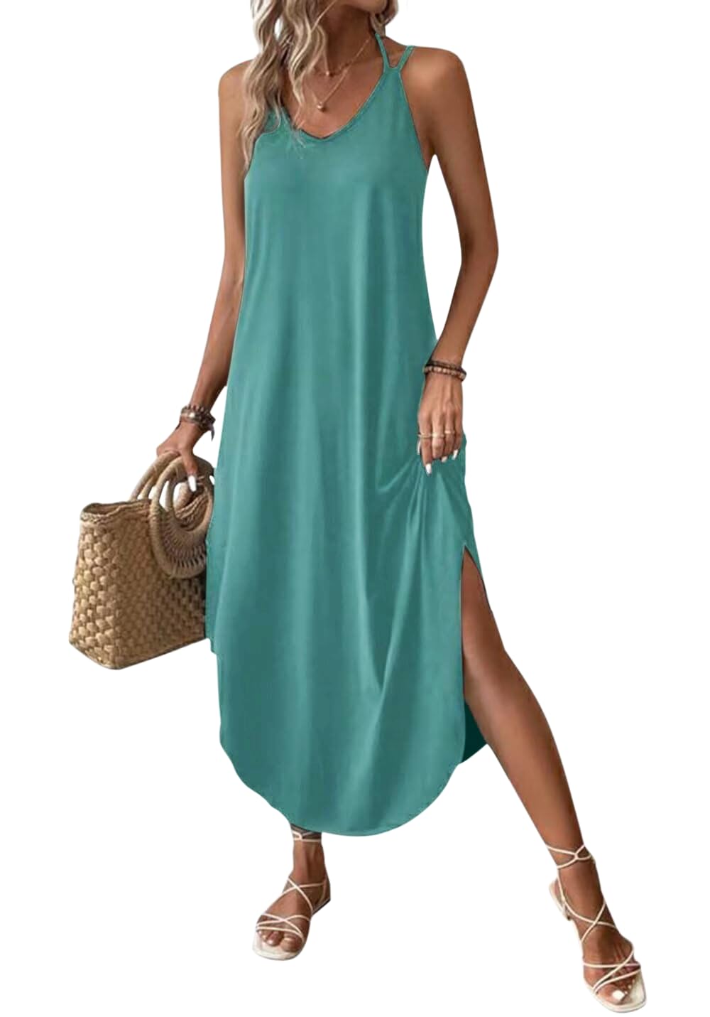 Chicrise Women's Turquoise Summer Dress Spaghetti Long Summer Sleeveless Maxi Dress V Neck Strappy Dress, Xxl