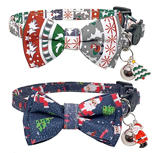 Casidoxi 2 Pack Cat Christmas Collars Breakaway with Bell & Pendant, Xmas Bowtie Cat Safety Collars for Kitten