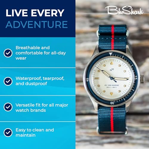 Image of BluShark - Original Collection Military-Style Waterproof Watch Strap, Fits All Timepiece Brands, Durable Nylon Wristwatch Accessories with Stainless Steel Buckle - 18mm, 20mm, 22mm & 24mm Watch Bands