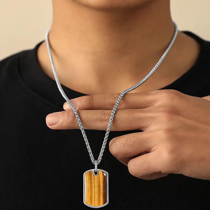 S925 Sterling Silver Dog Tag Pendant Necklace for Men Tigers Eye/Blue Sandstone/Malachite Jewelry Gift for Men with Stainless Steel Rolo chain 20+2"4