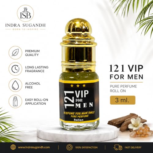 Image of INDRA SUGANDH BHANDAR Attar For Men and Women 121 VIP For Men 24 Hours Long Lasting & Alcohol Free Itra /Ittar 3ml Rollon Pack