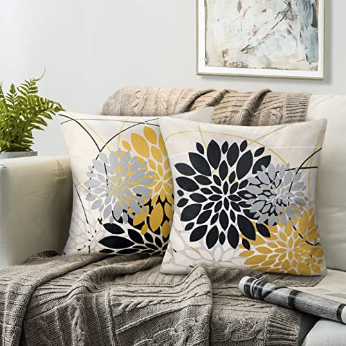 Housse De Coussin 40×40 Housse Coussin Abstrait Géométrique Floral Housses De Coussins Noir Et Jaune Taie Oreiller L'automne Lin Taie Coussin Lot De 2...