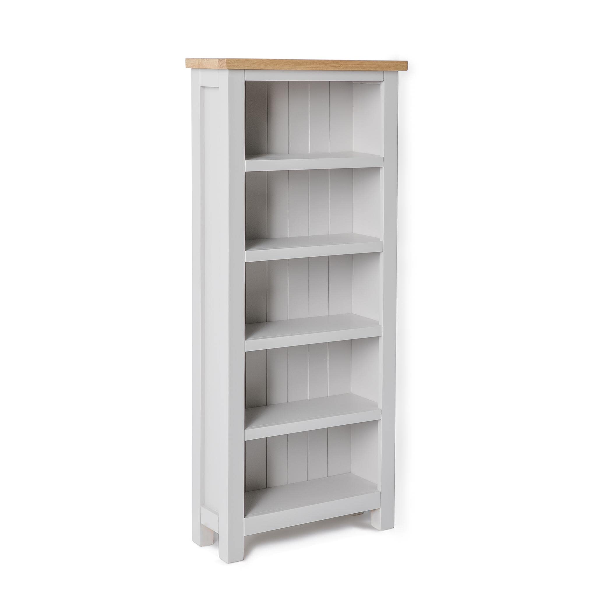 Farrow Grey Tall Narrow Living Room Bookcase with Oak Top | Roseland Furniture Contemporary Country Slim Painted Pine Solid Wooden Bookshelf with 5 Shelves for Hallway or Office