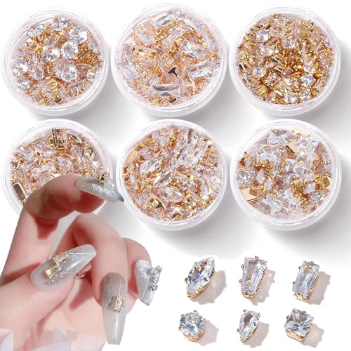 WOKOTO 6 Box Assorted Shapes Nail Rhinestones Gold Charms for Women Acrylic Nails Fingernail Jewelry Luxury 120pcs 3D Nail Art Zircon Metal Gem Transparent Nail Crystal Diamonds