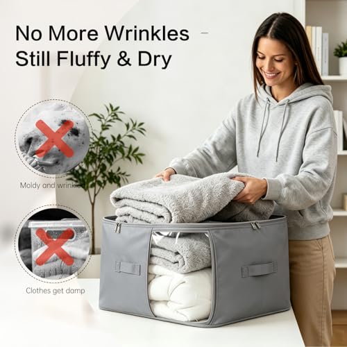 Image of Comforter Storage Bag, Large Capacity Blanket Storage Bags 3-Layer Ultra Space Saving Self Compression Organizer, Heavy Duty Space Saver Organizer for Bedding, Clothes, Blanket, 2-Pack, Gray