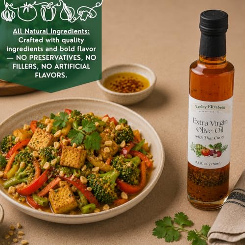 Image of Lesley Elizabeth Extra Virgin Olive Oil with Thai Curry, 8.5 fl oz - Flavorful Curry-Infused EVOO for Stir-Fries, Noodle Bowls, Seafood, Roasting, Marinades & Everyday Cooking - All-Natural, Plant-Based Ingredients