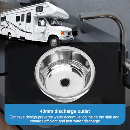 Image of 9 Inch RV Round Sink 5L Capacity Wash Basin 304 Stainless Steel RV Motor Home Sink Flush Mounted with 40mm /1.57in Drain for Rvs,Yachts, Boats, Kitchen