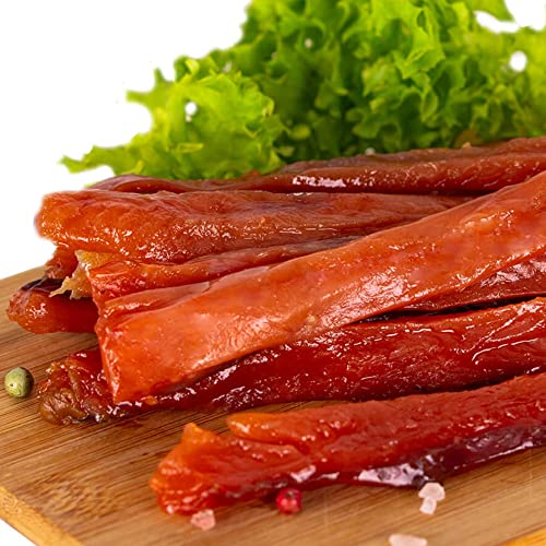Kalt Geräuchertes Filet Jerky vom Buckellachs, Gorbuscha aus Kamtschatka, in Streifengeschnitten, 150 g Wildfang, Gesalzen und Kaltgeräuchert, Vakuumverpackt