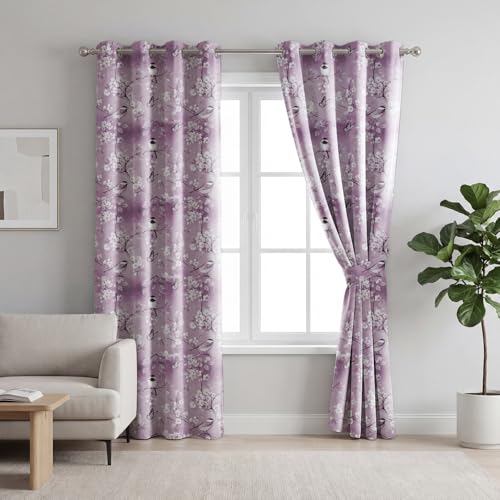 Image of LINENWALAS Printed Blackout Curtains for 5 Feet Window | Set of 2 | Charming Bird & Floral Drapes | Thermal Insulated, Room Darkening Panels with Grommet Hanging for Living Room (Lilac Blossom)