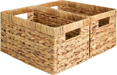 KASTWAVE 2 Pack Wicker Baskets for Organizing Water Hyacinth Shelves with Built-in Handles Natural Handwoven Basket Organizer for Pantry Bathroom Closet Shelves