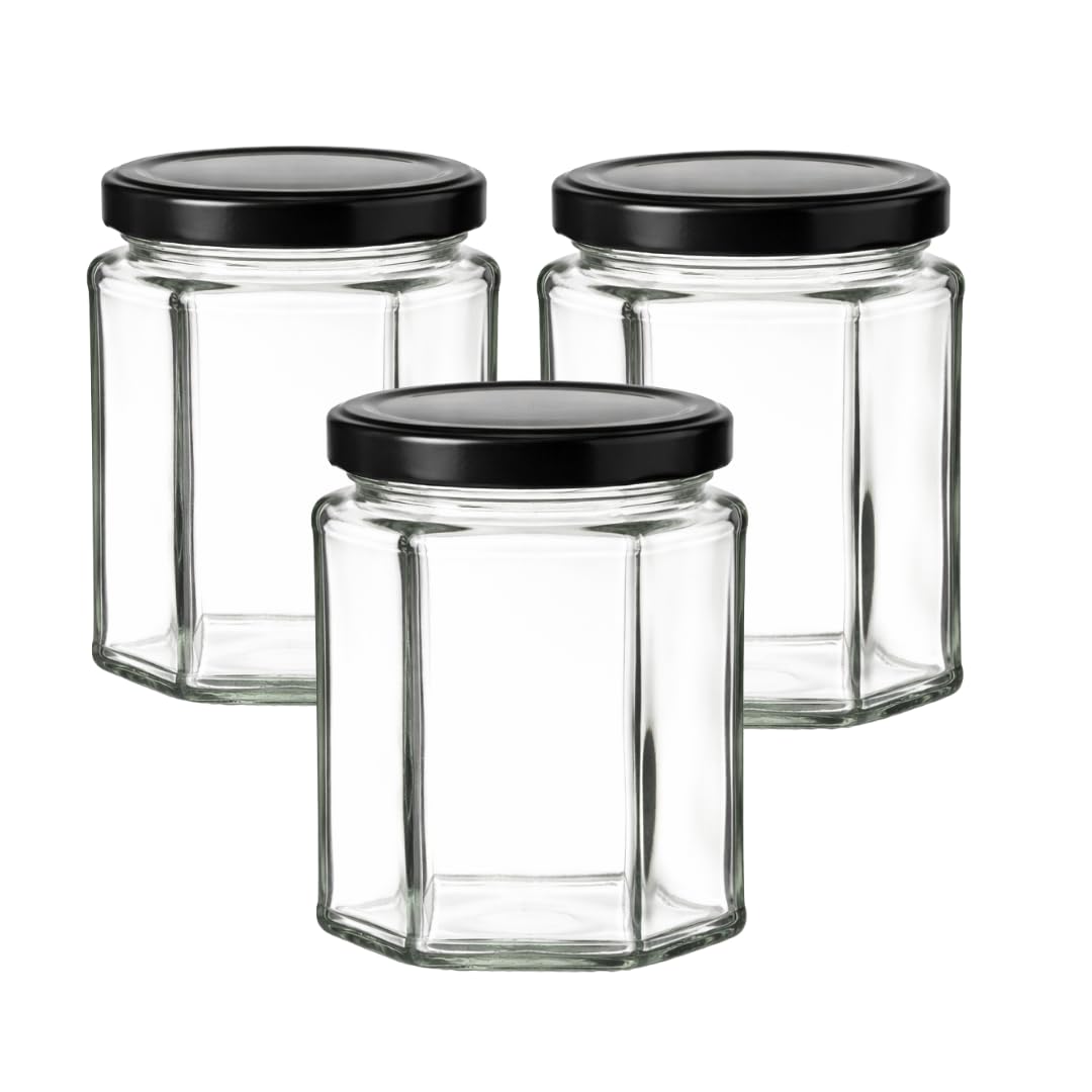 280ml Hexagonal Glass Jars with Twist-Off Lids (Pack of 24, Black) | Honey, Jam & Chutney Storage | J&B