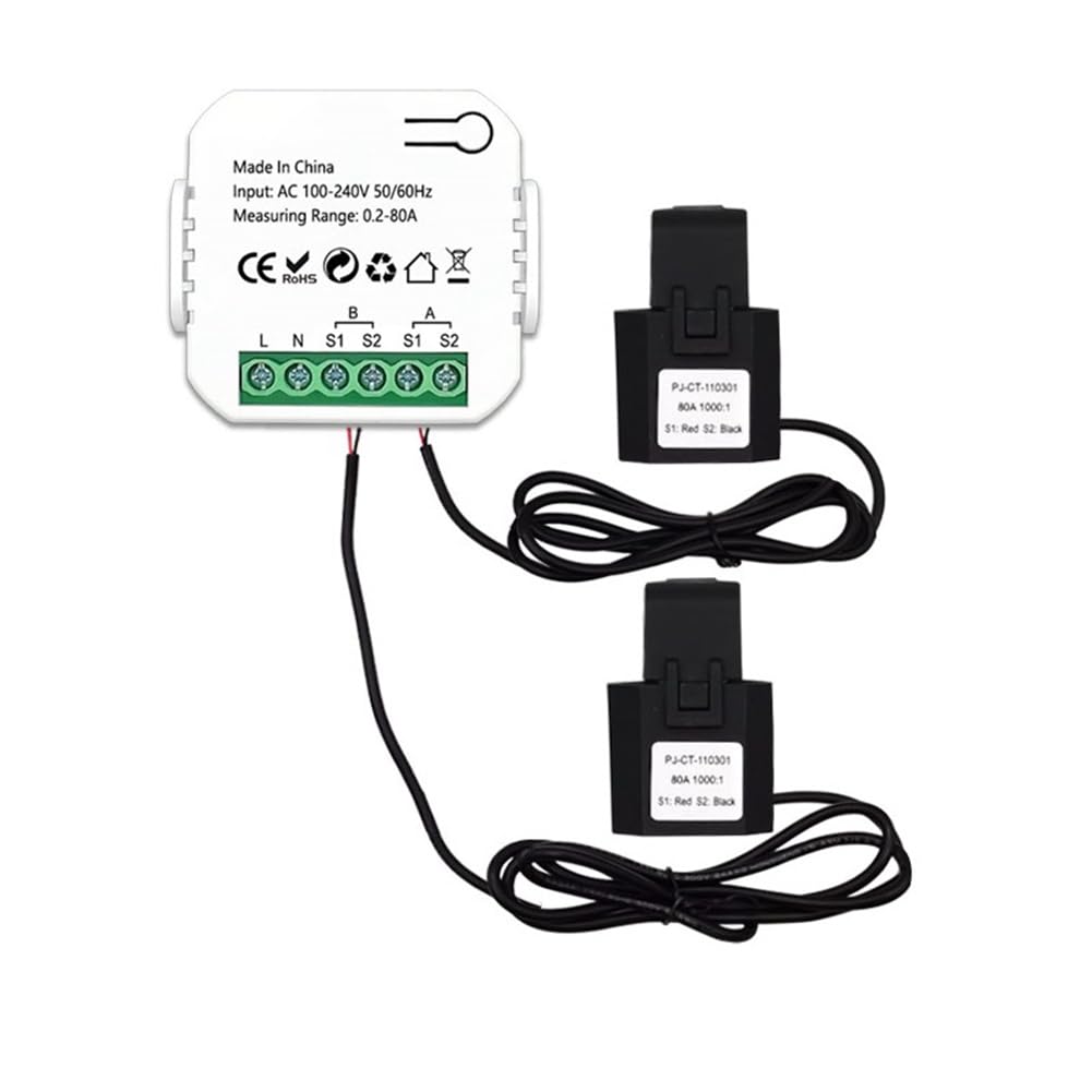 medidor de energía Tuya Smart ZigBee 2 vías bidireccional con pinza sensor de corriente App Monitor potencia 100-240VAC, 2 canales 2CT Durable
