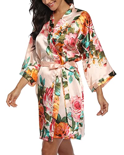 Image of VOGMATE Floral Silk Robes for Women Short Satin Kimono Bride Bridesmaid Robes Bathrobe