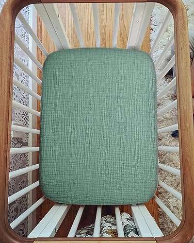 Image of Pack and Play Sheets for Baby Boys and Girls 39 inchx27 inchx3 inch, Neutral Muslin Cotton Pack N Play Mattresses Sheet with Boho Style, Soft and Breathable Comfort (Roman Green)