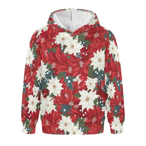 Kids Hoodies Sweaters Christmas Poinsettia Flower Hooded Sweatshirts with Big Pockets for Boys Girls B0400051