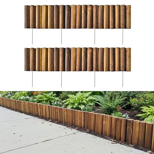 LaLaGreen Decorative Garden Edging Border (30x6 2 Pack) Small Brown Wooden Fence Panels with Metal Stakes Flowers Bed Landscape Fencing for Lawn Yard Patio Pathway Outdoor Decor Tree Rings Barrier