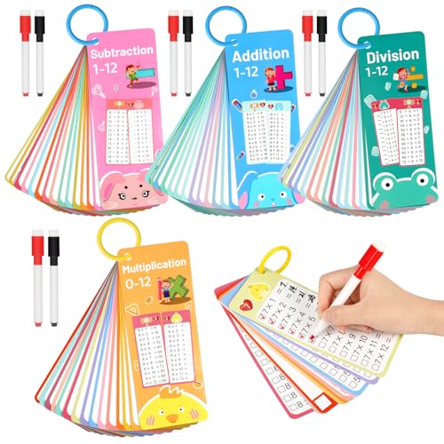 AOOHA Mathe Karten für Kinder, 60 Stück Mathematik Lernkarten mit Löschbaren Stiften, Kleine Einmaleins,Rechenhilfen Mathe für Addition, Subtraktion, Multiplikation und Division Verwendet