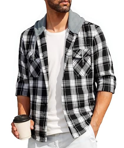 SwissWell Camisa a Cuadros Hombre Camisa de Franela para Hombre Sudaderas de Leñador de Manga Larga Exteriore Camisa Casual con Capucha Negro Carbón L