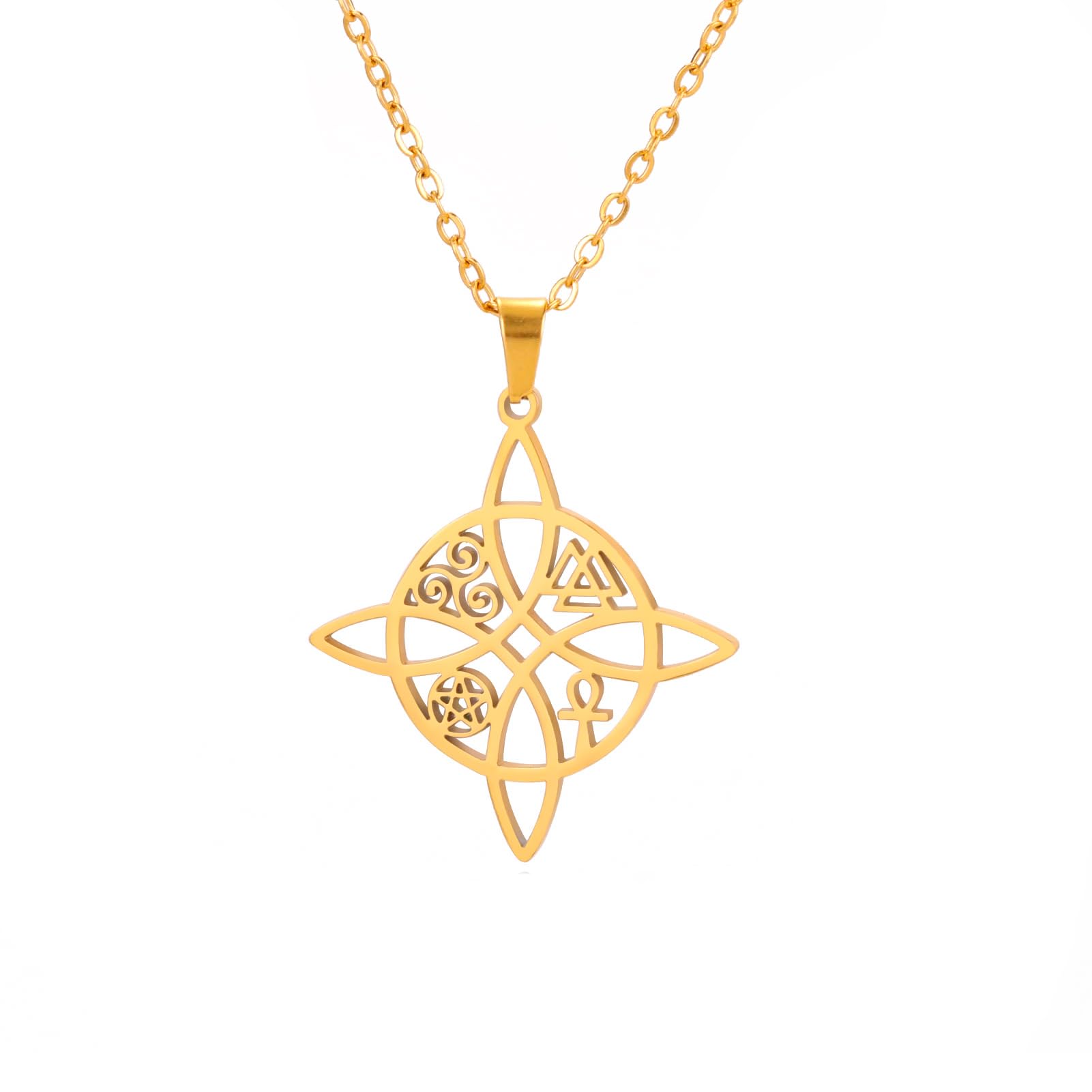 Witch Knot Necklace Stainless Steel Magic Knot Pagan Wicca Symbol Pendant 4-Point Celtic Knot Witchcraft Necklace for Women Girls-image-11