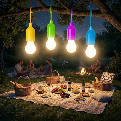 GloBrite Pack of 4 Battery Operated Lights - LED Pull Cord Bulbs Instant Outdoor Lights for Camping Power Outages Tents Closets & Outdoor Use - Easy-to-Install Portable Non-Electric Rope Light
