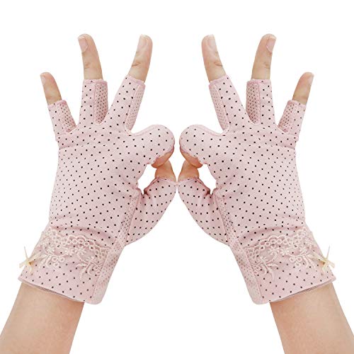 Damen Sommer Halbfinger Handschuhe Baumwolle Fahrradhandschuhe Kurz Spitzenhandschuhe Anti-Rutsch, Anti-UV Schutz, Dünn Sonnenschutz Fäustlinge Gloves für Fahren Outdoor...