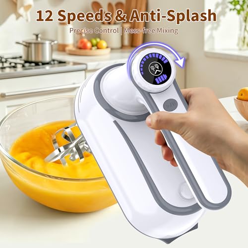 Image of binROC Cordless Electric Hand Mixer, 12-Speed Rechargeable Handheld Mixer with Eject Button, 6 Stainless Steel Attachments, Snap-On Storage Case, LED, Self-Stand for Baking, Cake, Dough, Egg (White)