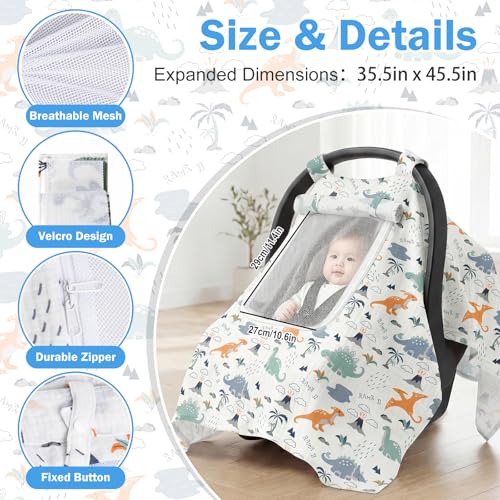 Image of Baby Car Seat Cover with Mesh Window, 100% Cotton Carseat Covers Baby Boy Breathable Infant Car Seat Cover Spring Summer Baby Carseat Cover Lightweight Infant Car Seat Canopy - Dinosaur